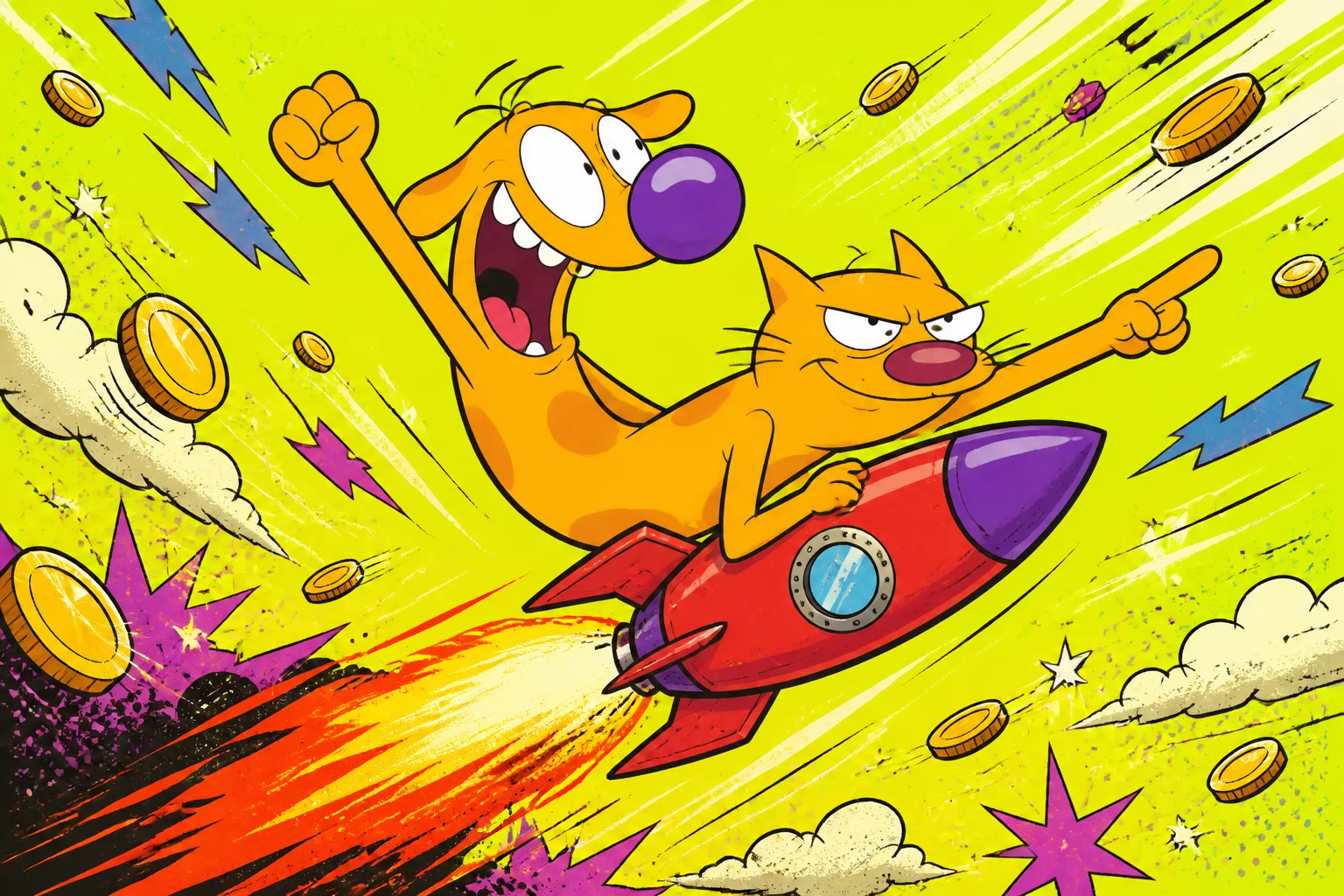CATDOG flying upward on a cartoon rocket