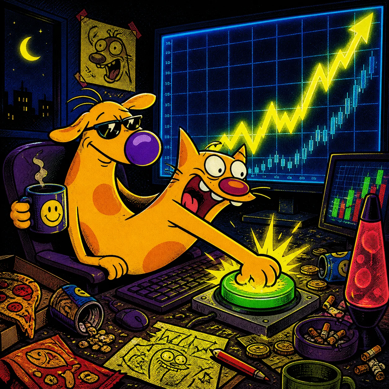 CATDOG at a trading desk hitting a giant green button