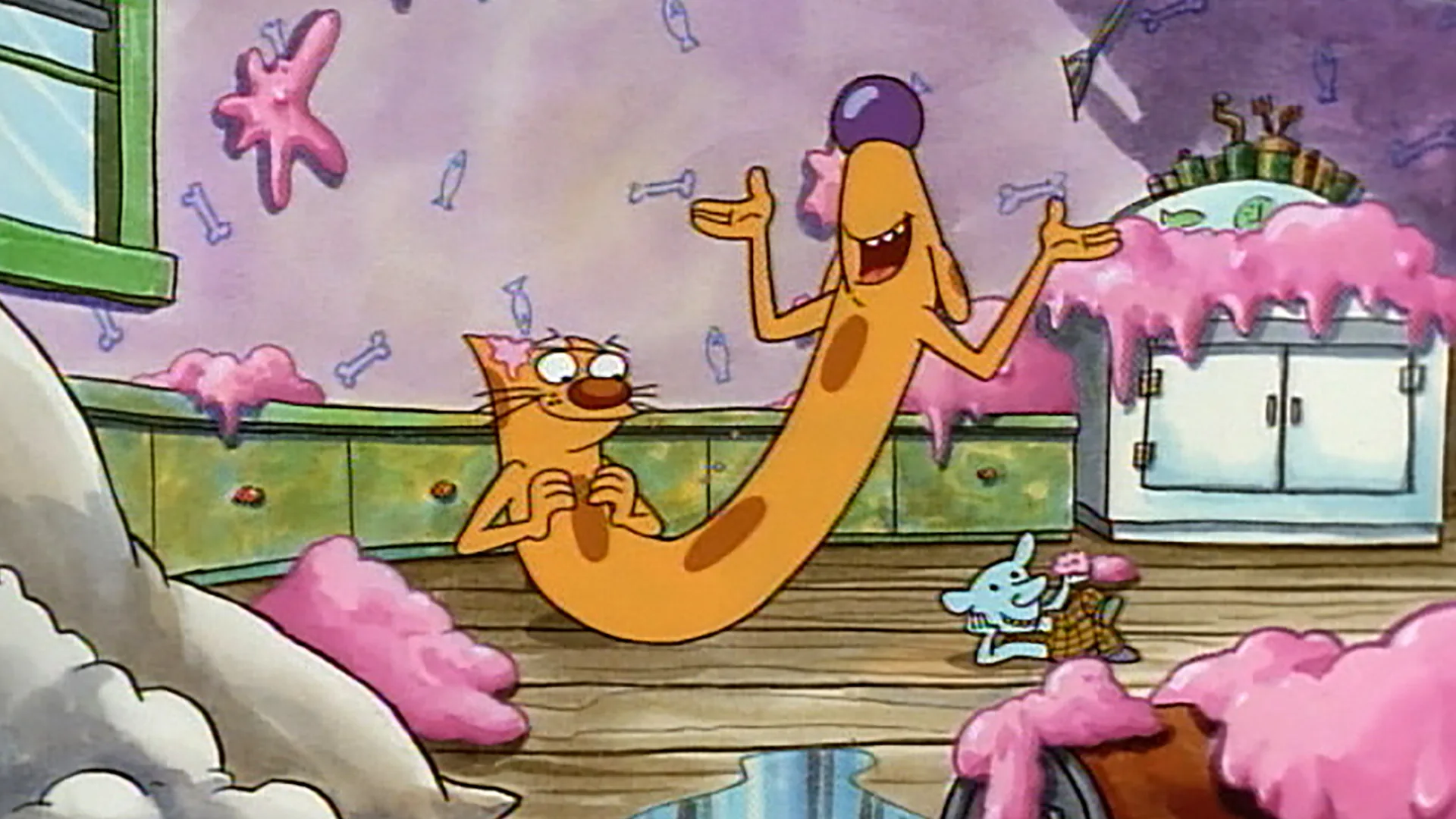 CatDog in a kitchen covered in pink goo